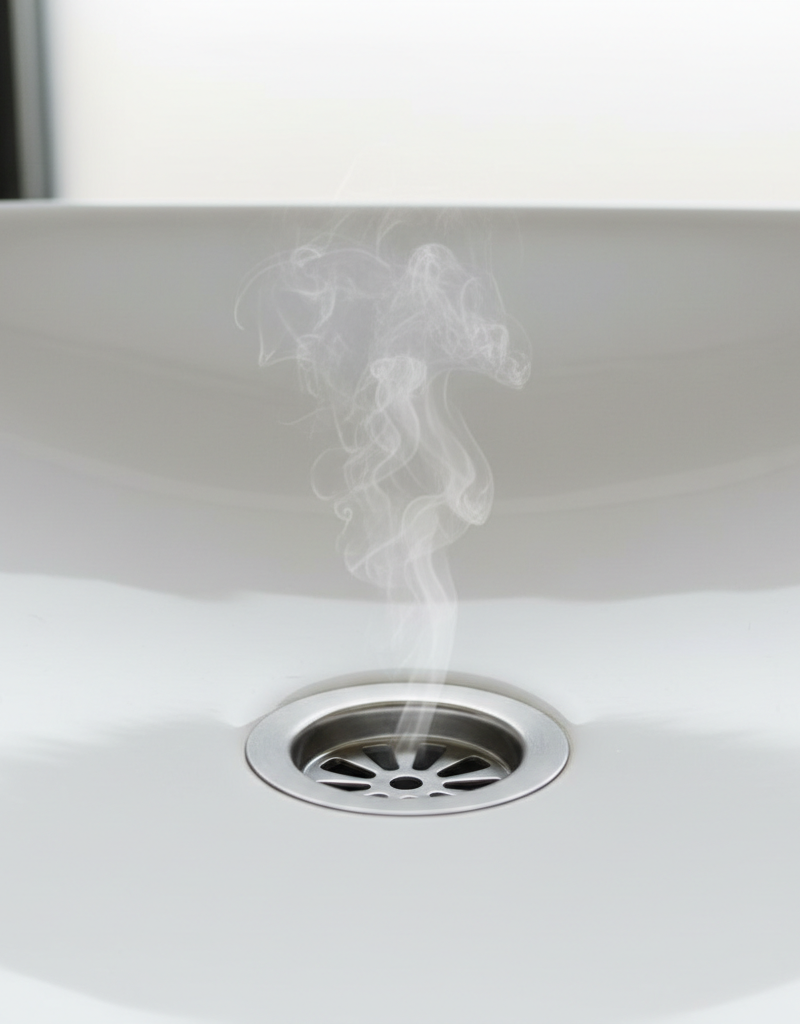 Close-up of a smelly bathroom sink drain emitting a subtle, unpleasant odor vapor.