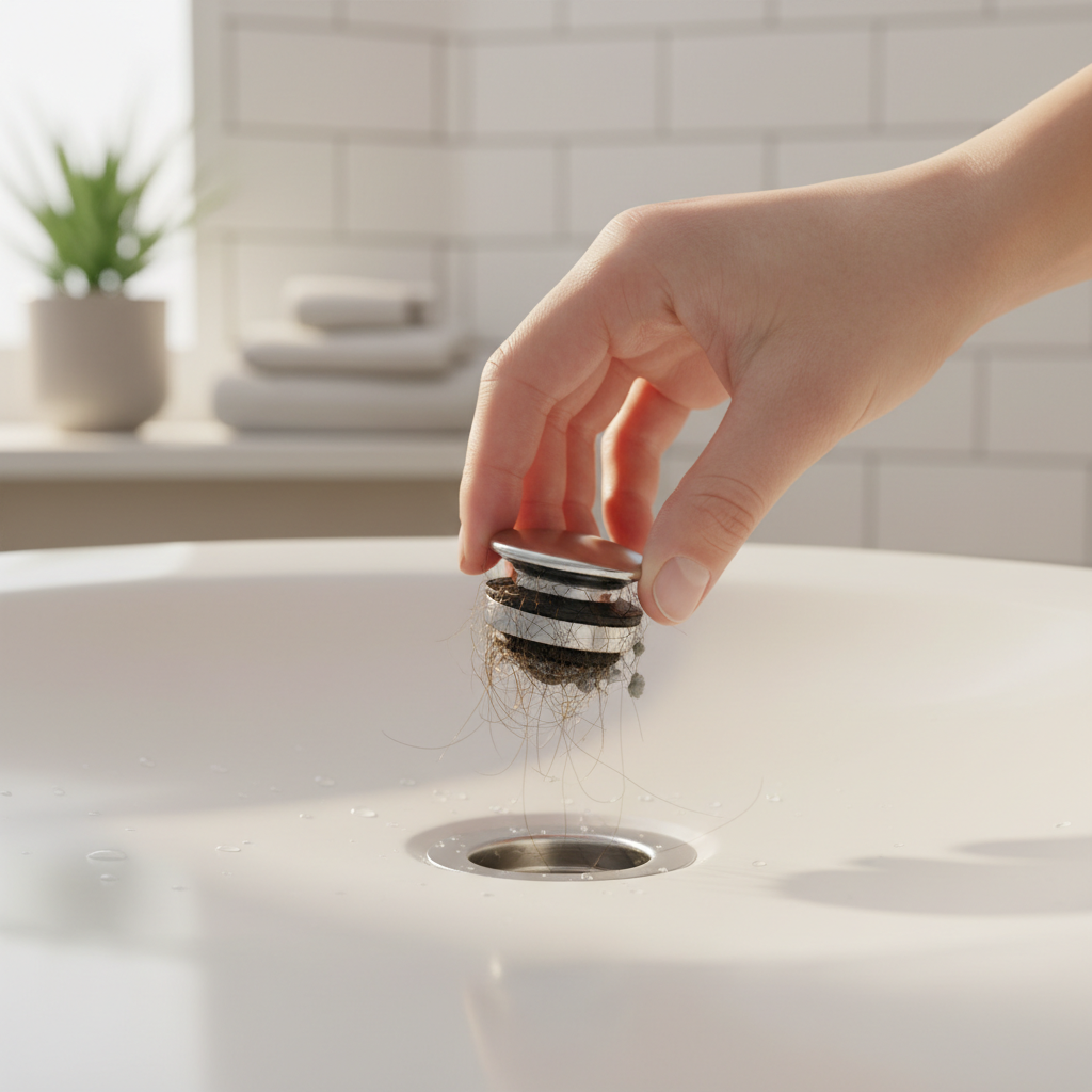 Hand removing a dirty pop-up stopper from a bathroom sink drain, illustrating a common source of bad odors