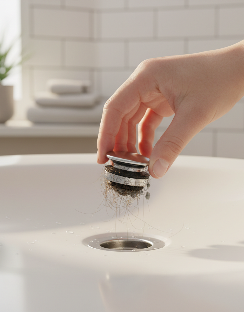 Hand removing a dirty pop-up stopper from a bathroom sink drain, illustrating a common source of bad odors
