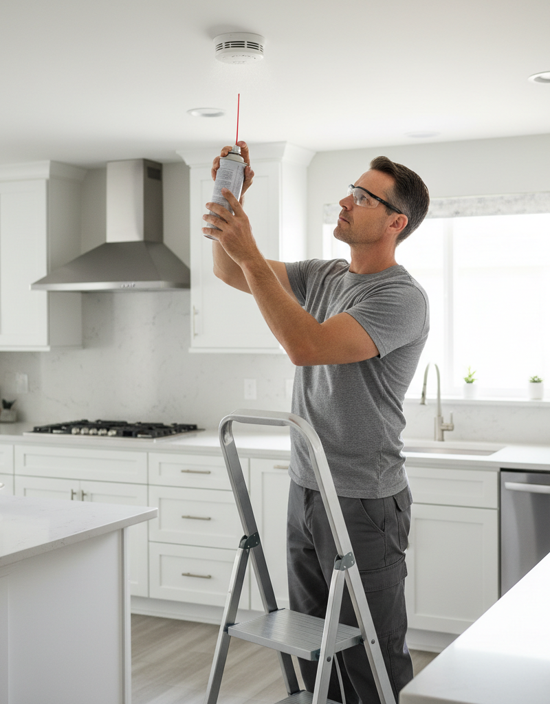 Homeowner cleaning a ceiling-mounted smoke detector with compressed air to prevent false alarms.