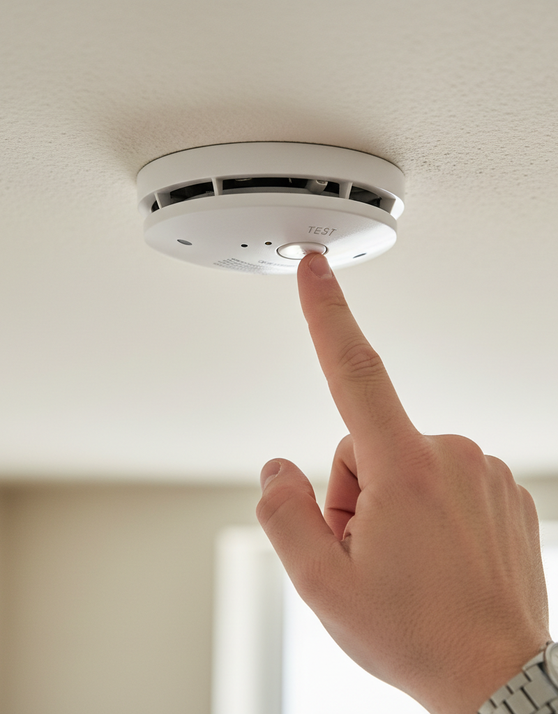 Homeowner pressing the test button on a smoke and CO detector on a white ceiling.