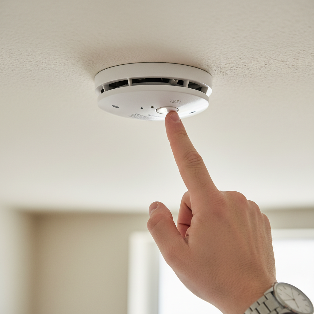 Homeowner pressing the test button on a smoke and CO detector on a white ceiling.