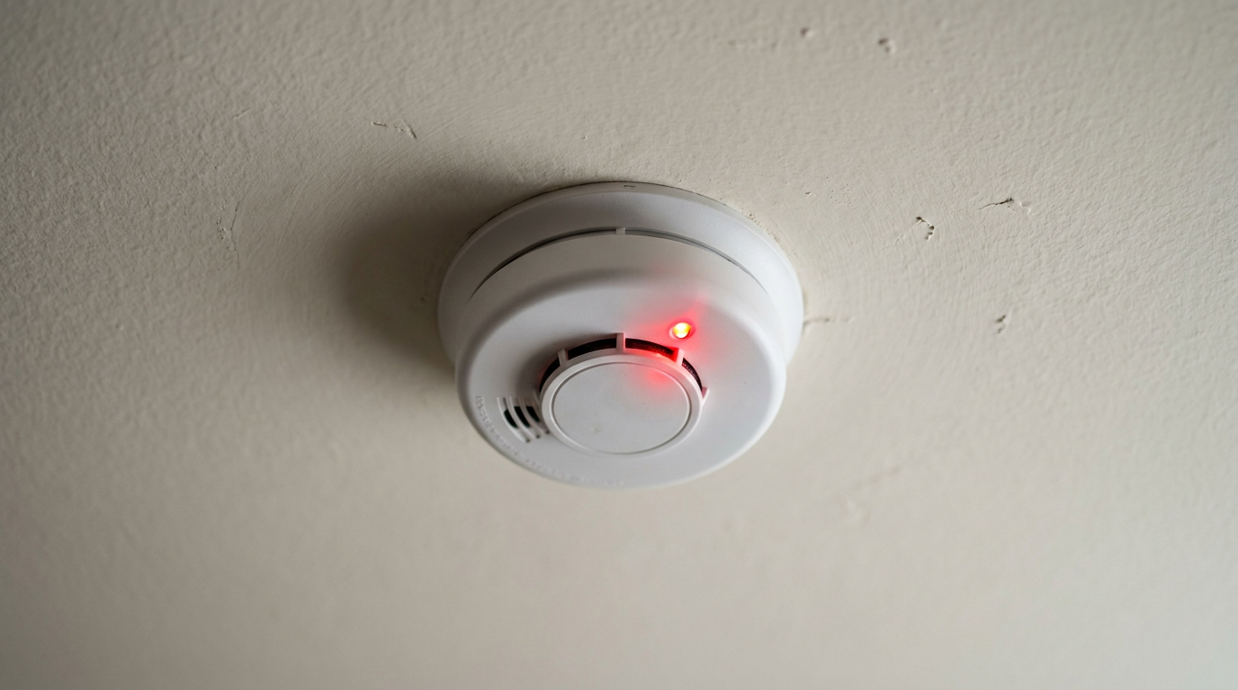 A ceiling-mounted smoke detector with a blinking red indicator light, signaling that it needs attention or is in a specific mode.
