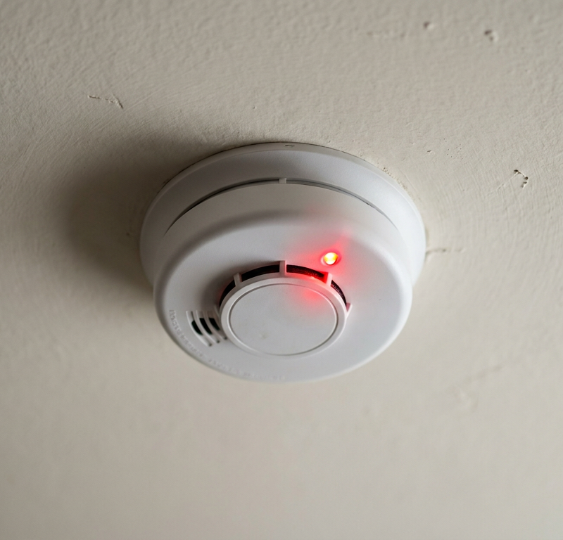 A ceiling-mounted smoke detector with a blinking red indicator light, signaling that it needs attention or is in a specific mode.