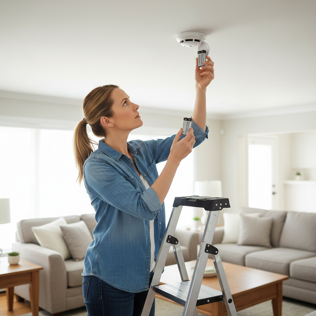 Homeowner replacing a dying 9V battery in a beeping smoke detector on a white ceiling