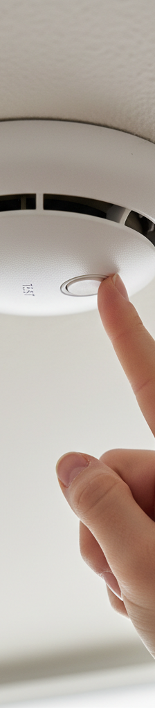 Hand pressing the test button on a white ceiling-mounted smoke detector.