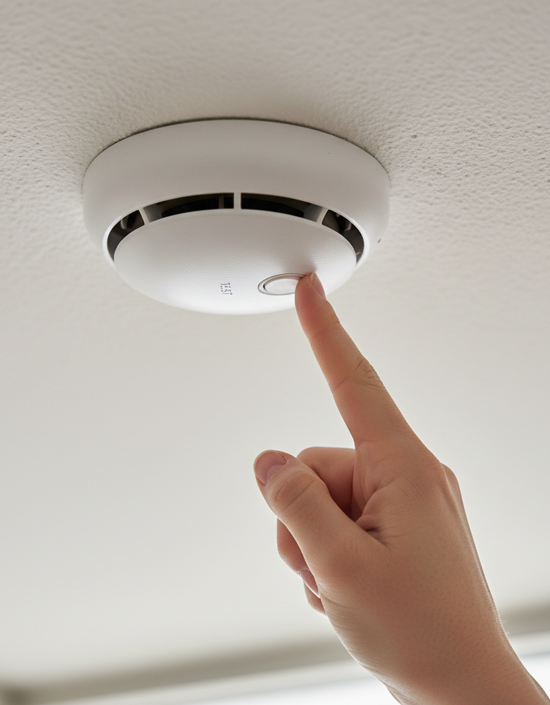 Hand pressing the test button on a white ceiling-mounted smoke detector.