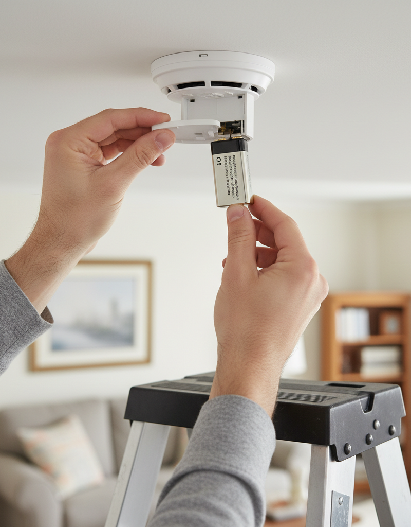 Person replacing a 9-volt battery in a white smoke detector on a ceiling, standing on a step ladder.