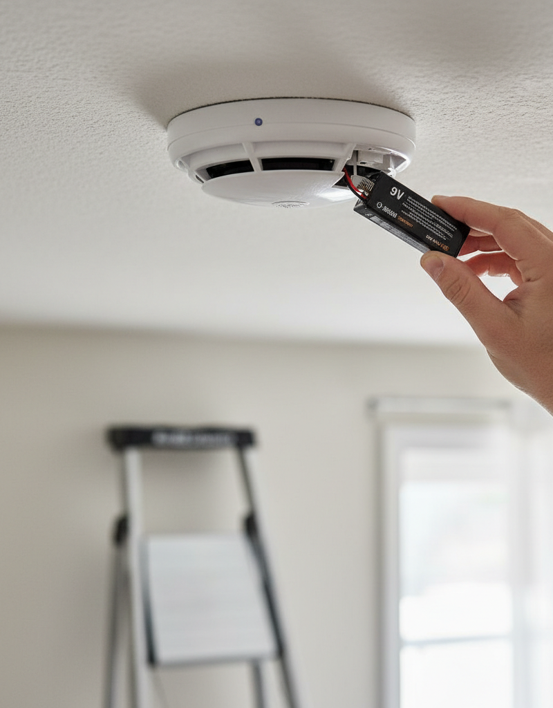 Hand replacing a 9V battery in a white smoke detector mounted on a ceiling, with a step ladder nearby.