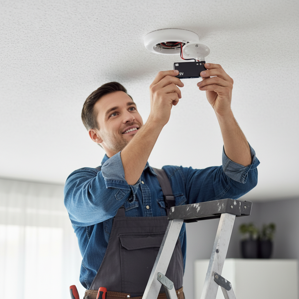Homeowner on a stepladder replacing the battery in a white smoke detector on the ceiling.