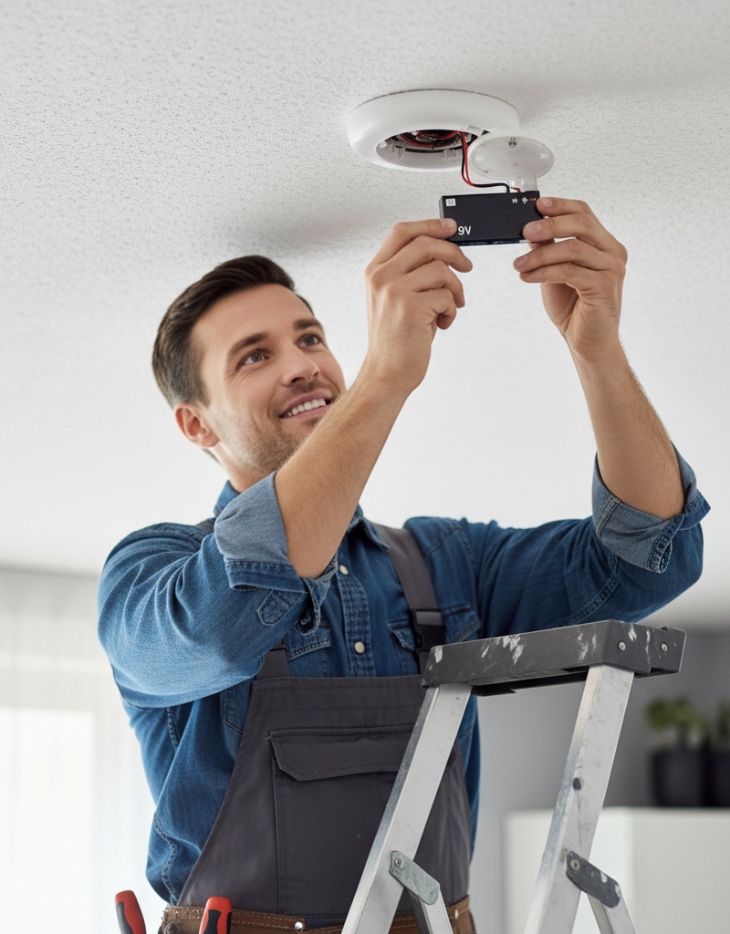 Homeowner on a stepladder replacing the battery in a white smoke detector on the ceiling.
