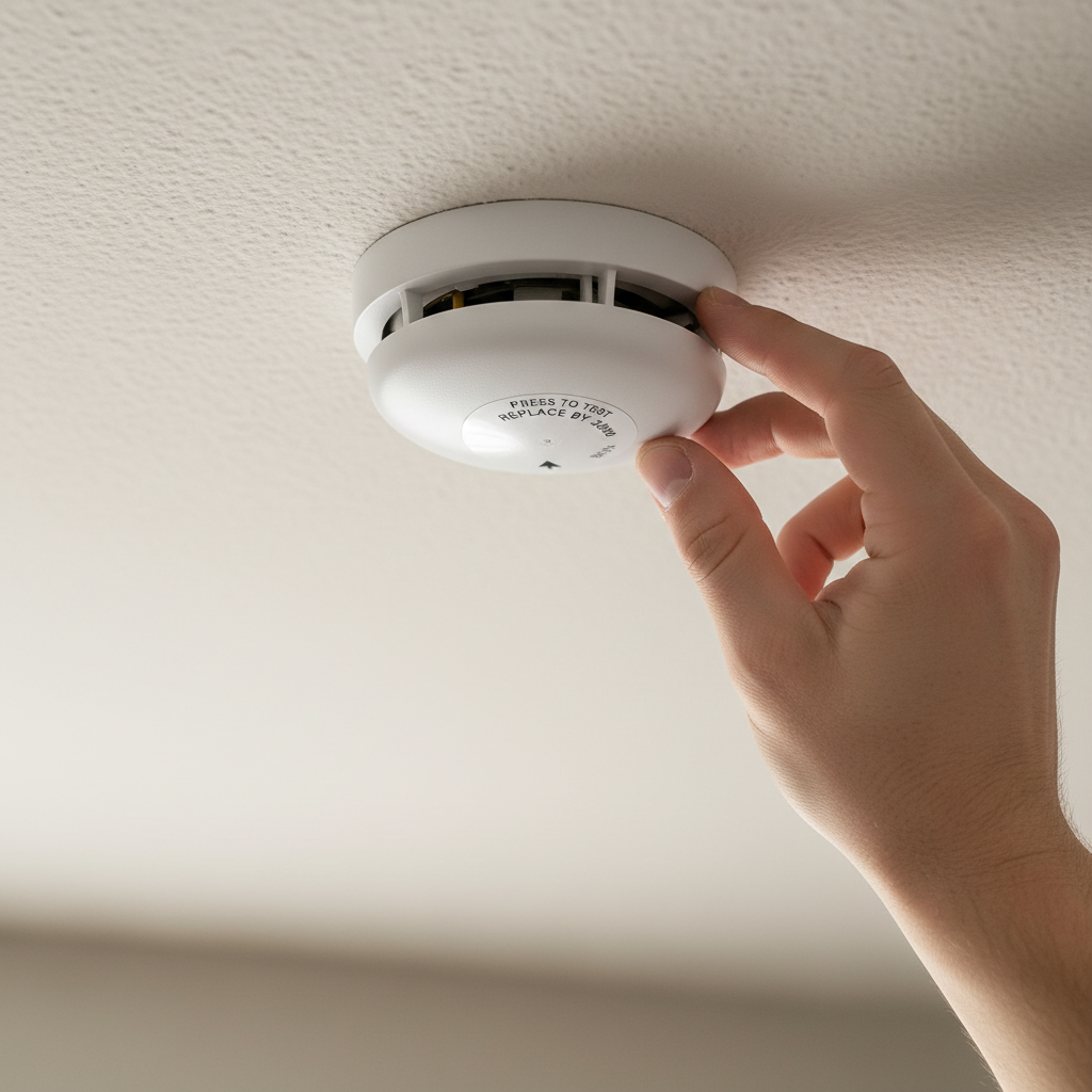 Homeowner removing a white smoke detector from the ceiling to inspect or replace its battery.