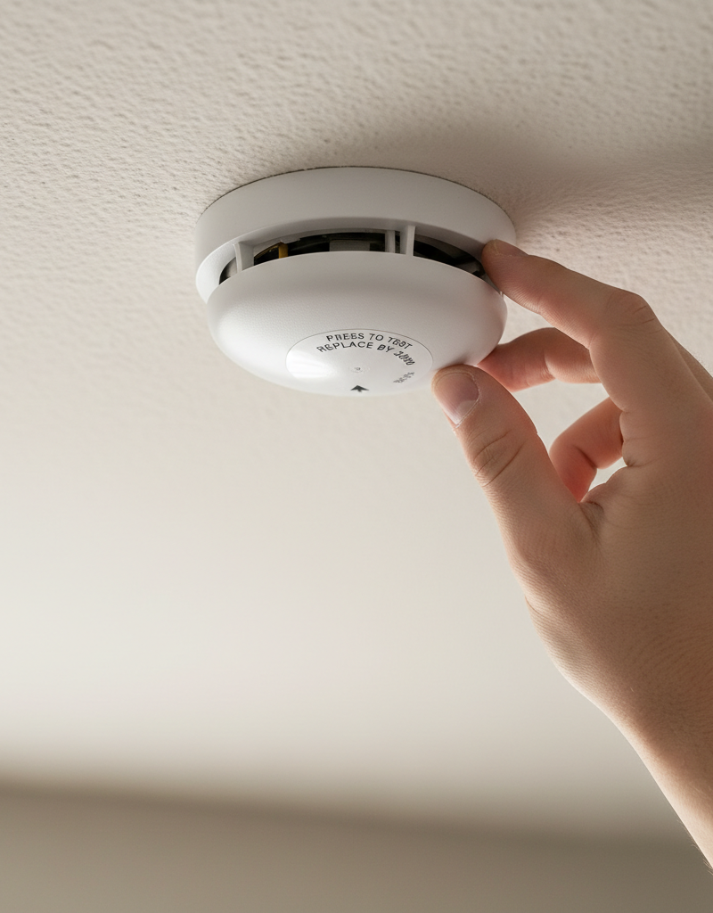 Homeowner removing a white smoke detector from the ceiling to inspect or replace its battery.