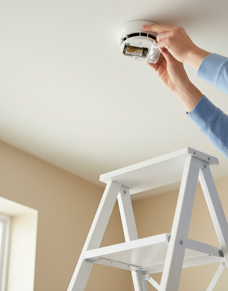 Homeowner replacing a smoke detector battery while on a step stool