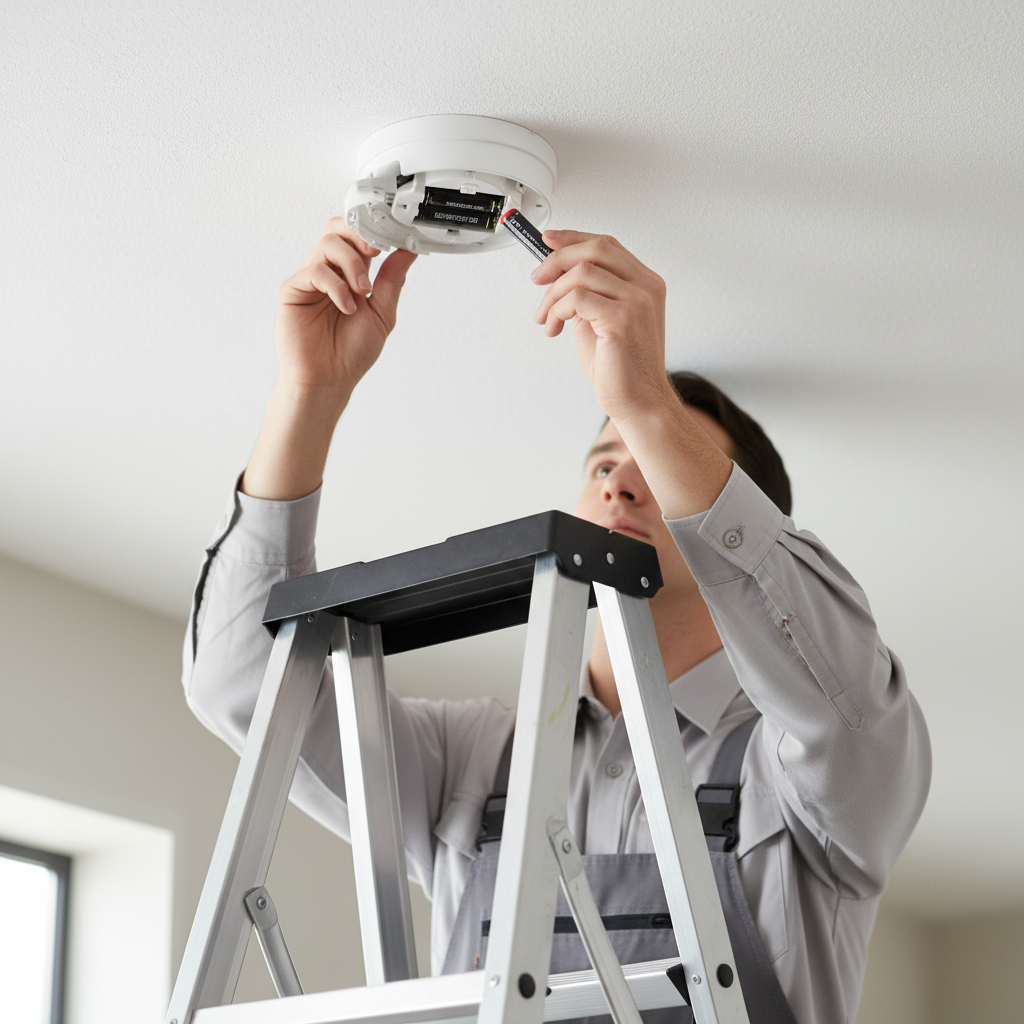 Homeowner safely replacing the battery in a ceiling-mounted smoke detector.