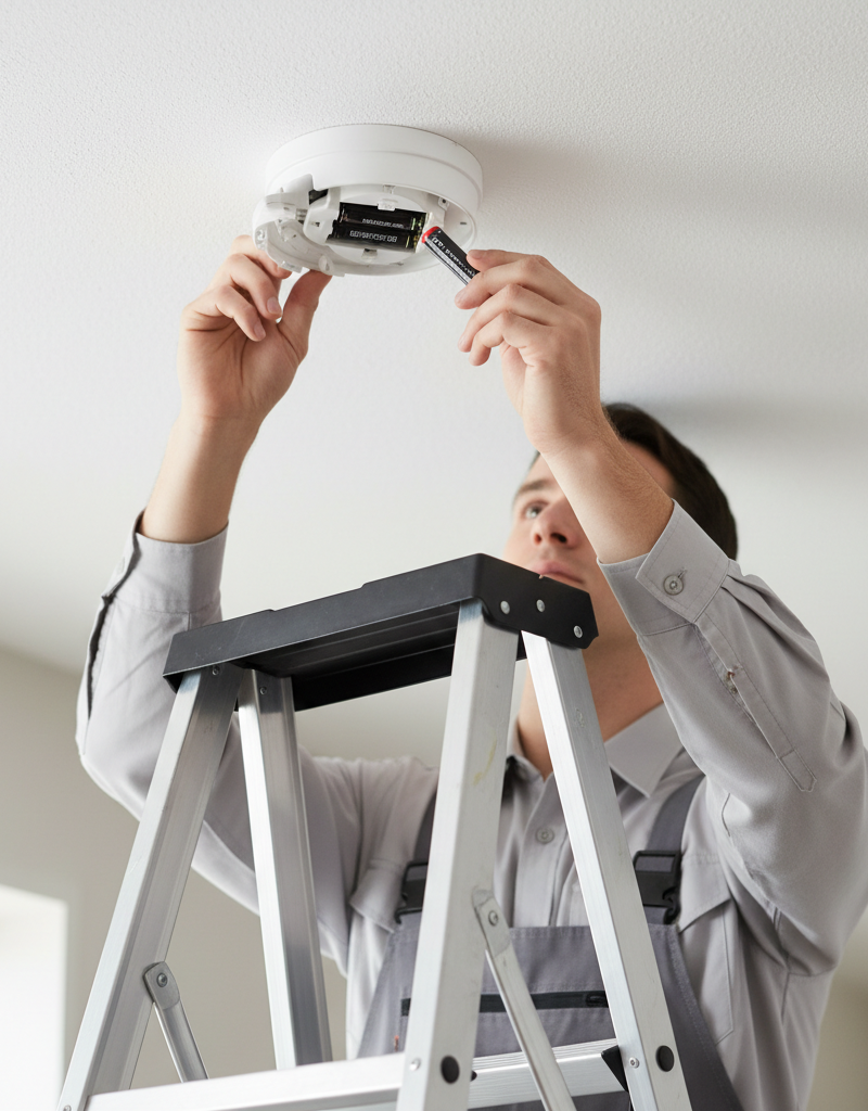 Homeowner safely replacing the battery in a ceiling-mounted smoke detector.