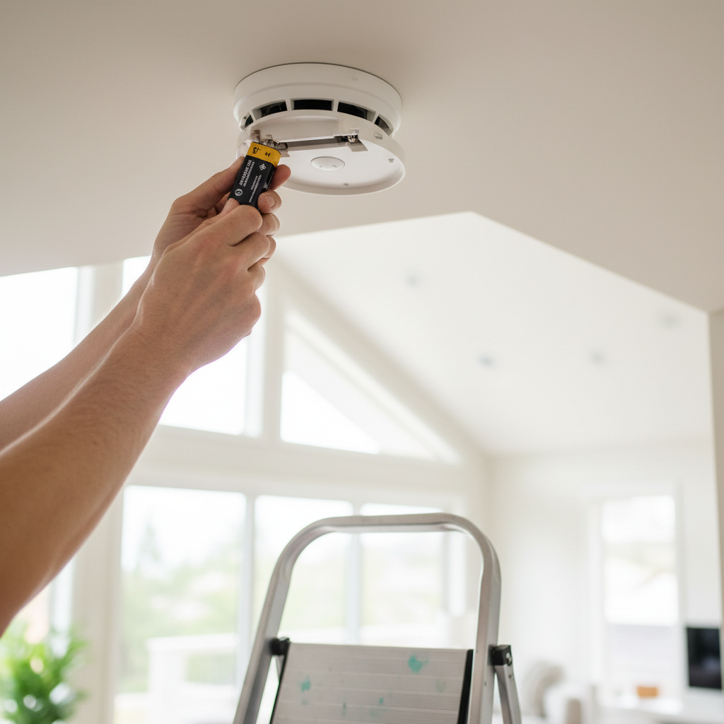 Homeowner replacing battery in a ceiling-mounted smoke detector