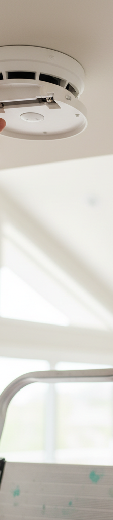 Homeowner replacing battery in a ceiling-mounted smoke detector