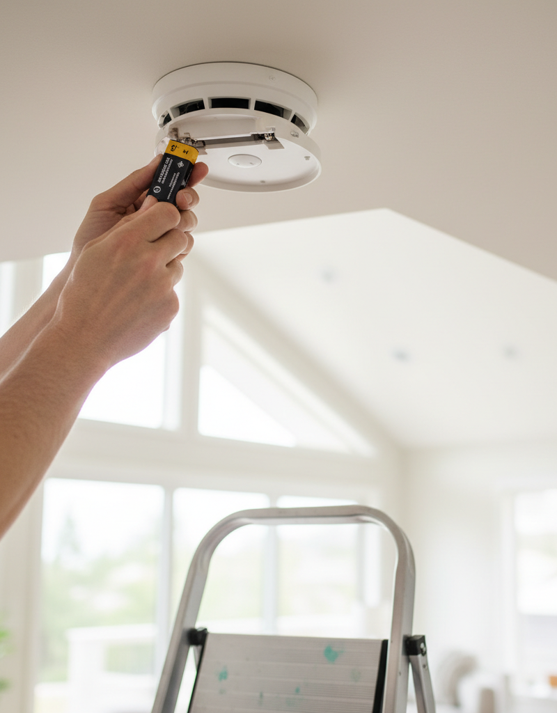 Homeowner replacing battery in a ceiling-mounted smoke detector