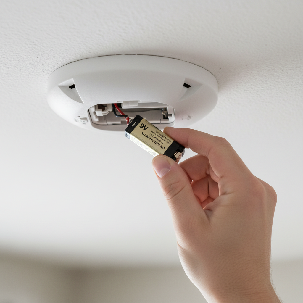 Hand replacing a 9V battery in a smoke detector mounted on a white ceiling.