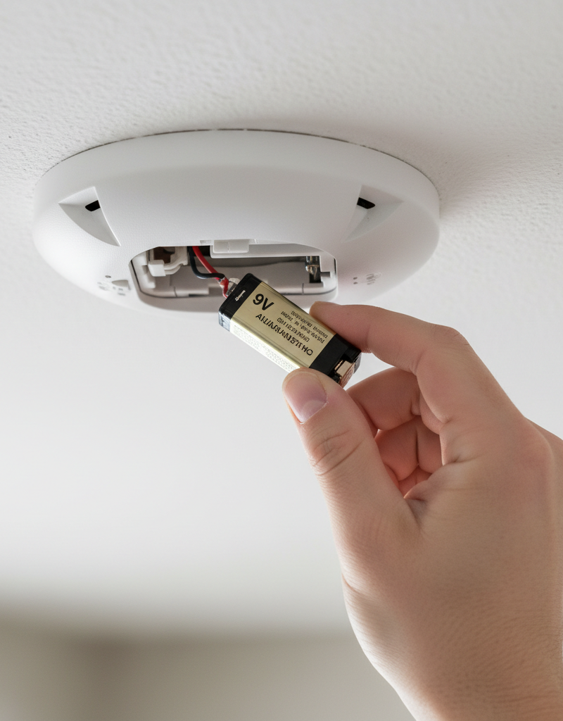 Hand replacing a 9V battery in a smoke detector mounted on a white ceiling.