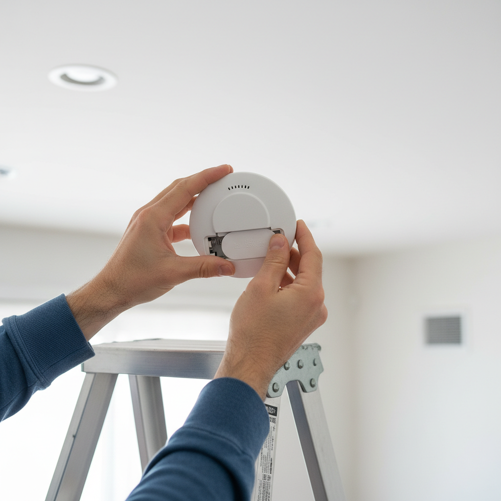 Homeowner on ladder replacing smoke detector battery to stop chirping.
