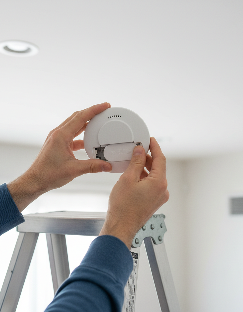 Homeowner on ladder replacing smoke detector battery to stop chirping.
