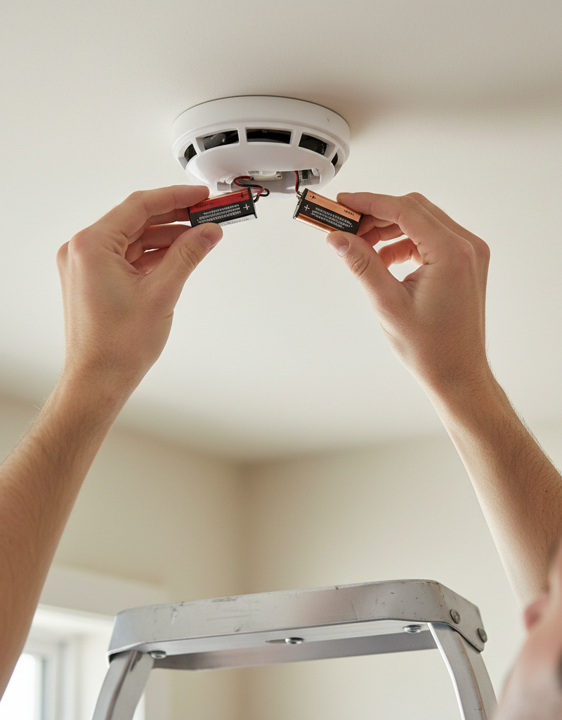 Homeowner replacing a 9V battery in a smoke detector on the ceiling.