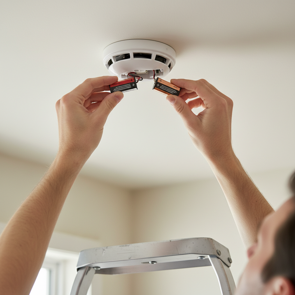Homeowner replacing a 9V battery in a smoke detector on the ceiling.