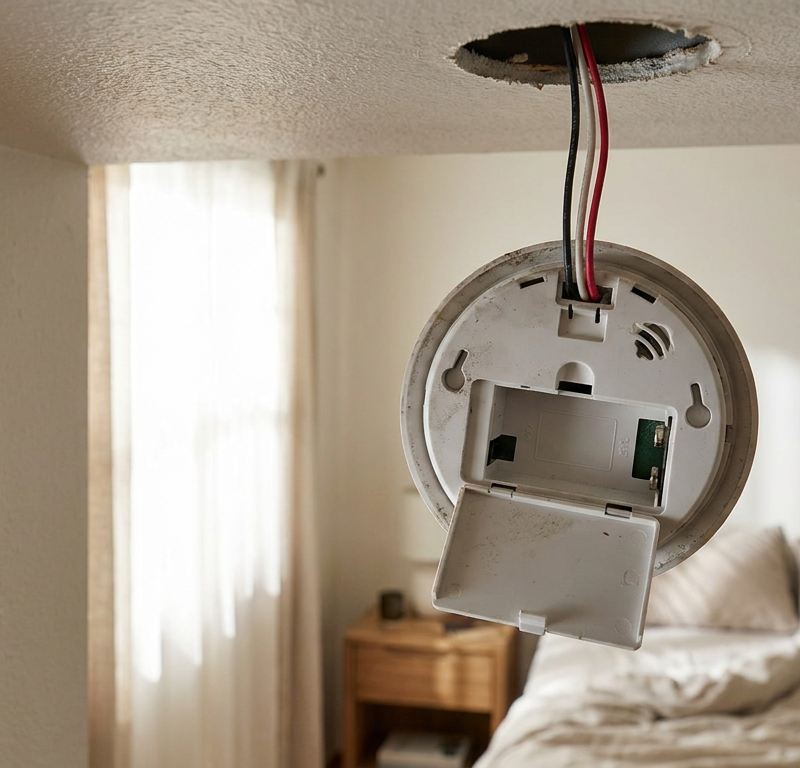 Close-up of a hardwired smoke detector hanging from ceiling wires during battery replacement