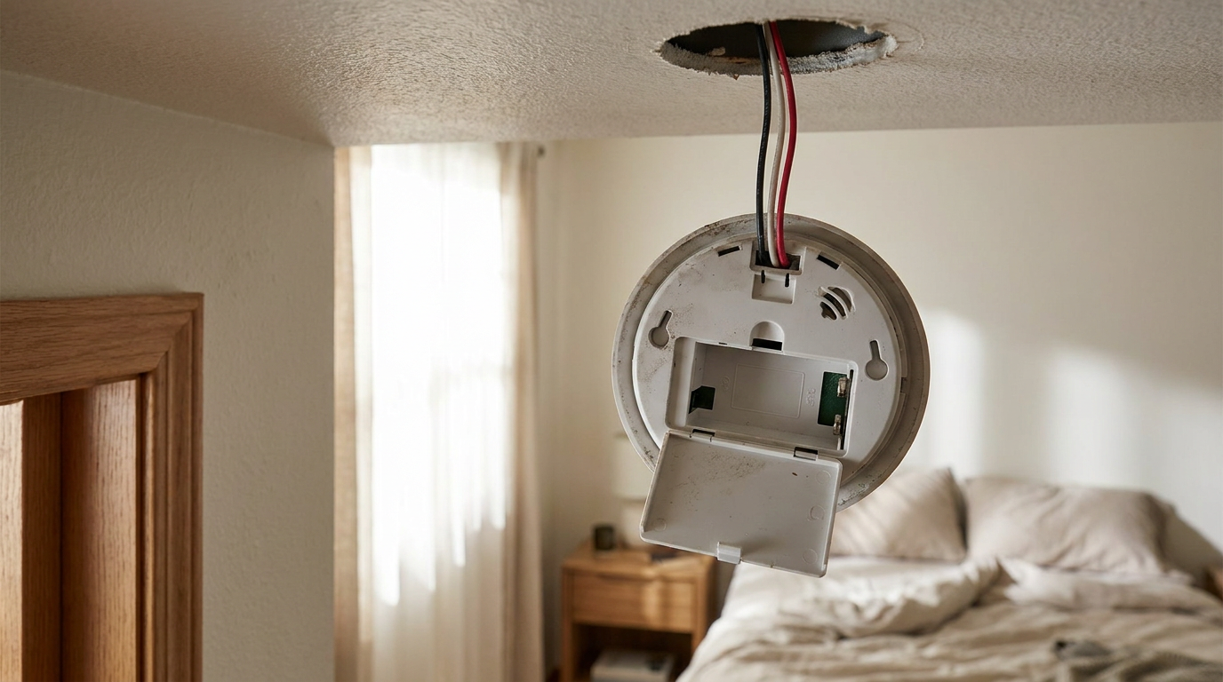 Close-up of a hardwired smoke detector hanging from ceiling wires during battery replacement