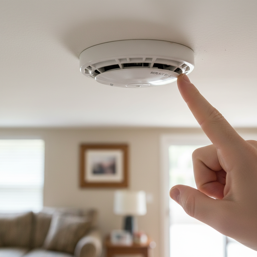A hand pointing to the expiration date on a white smoke and carbon monoxide detector mounted on a ceiling.