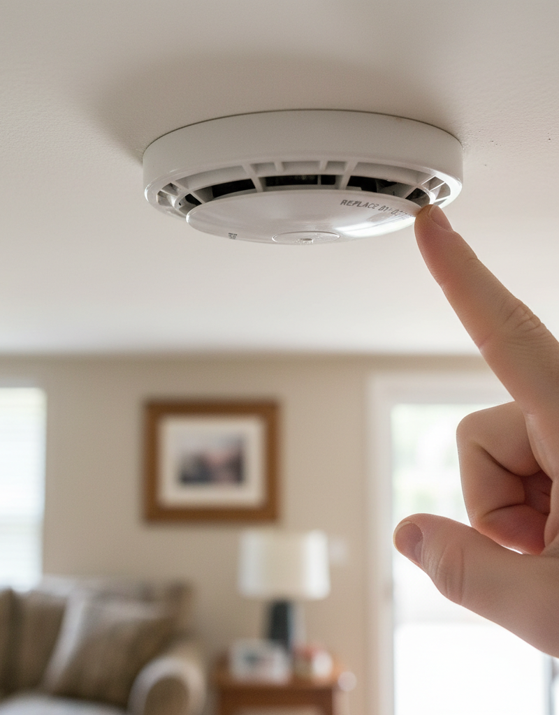 A hand pointing to the expiration date on a white smoke and carbon monoxide detector mounted on a ceiling.
