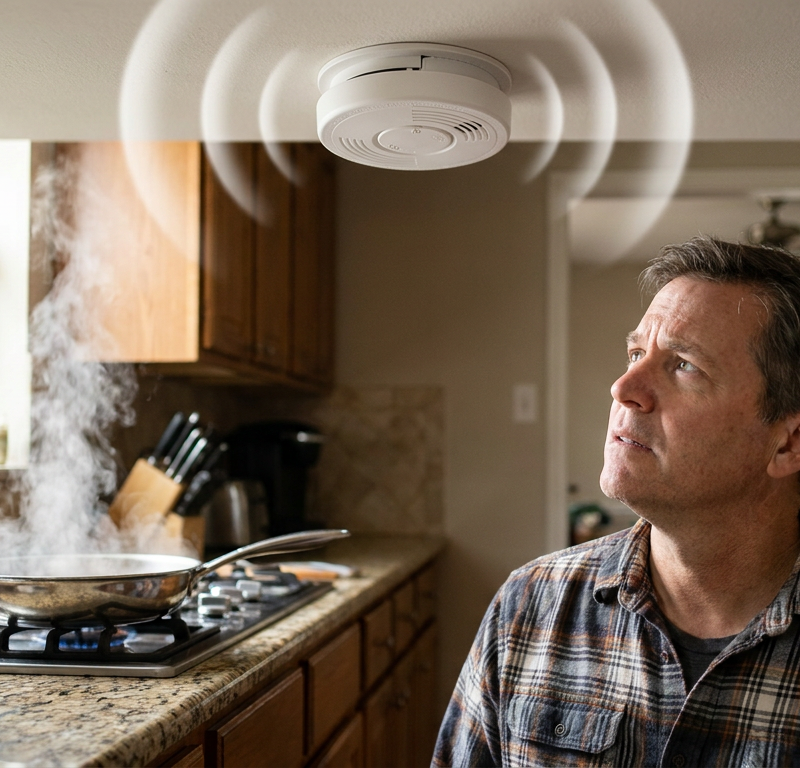 A smoke detector on a ceiling blaring during cooking, causing a frustrating false alarm in the kitchen.