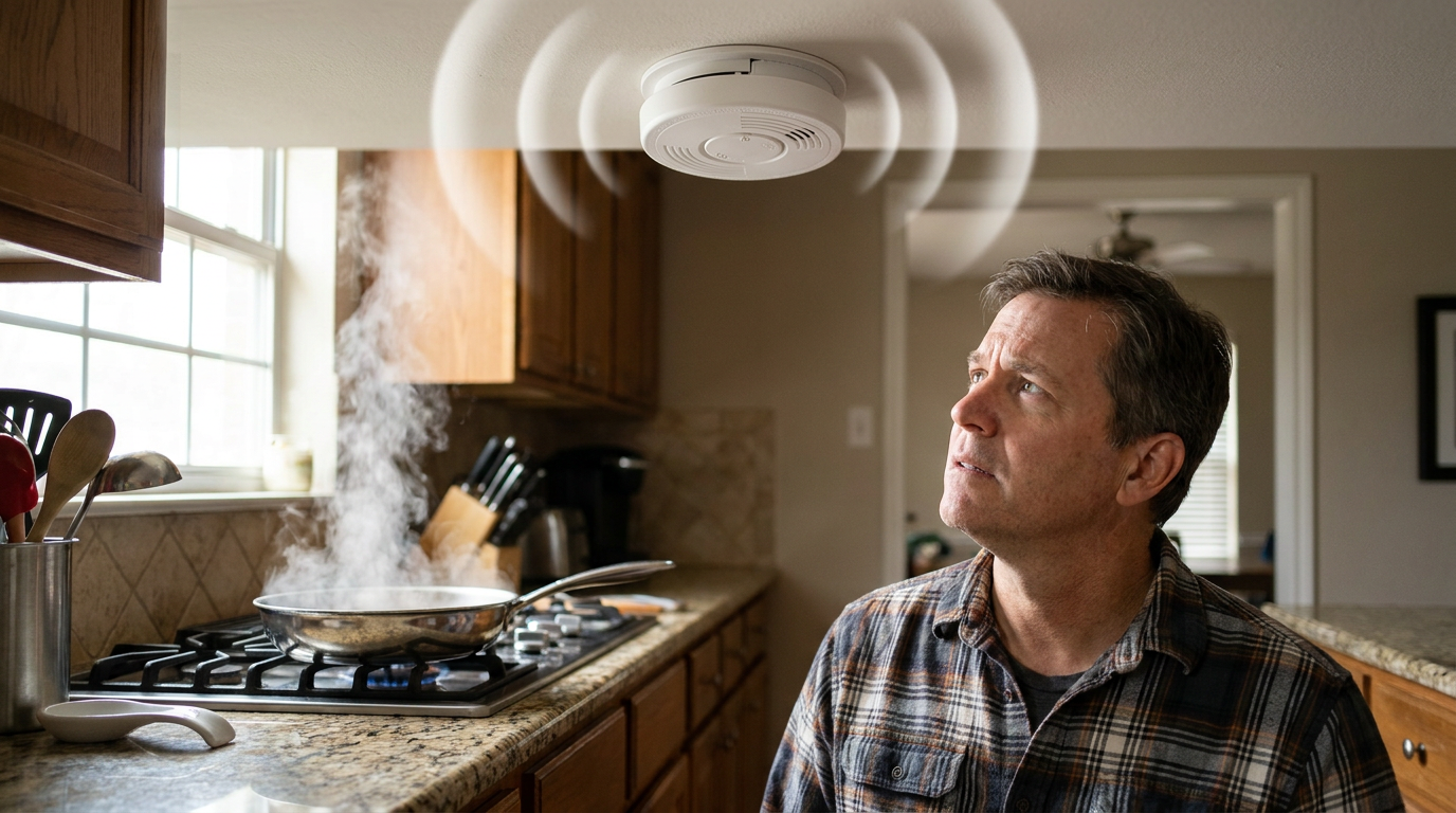 A smoke detector on a ceiling blaring during cooking, causing a frustrating false alarm in the kitchen.