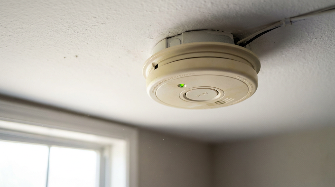 A hardwired smoke detector on a ceiling with a green power indicator light on.
