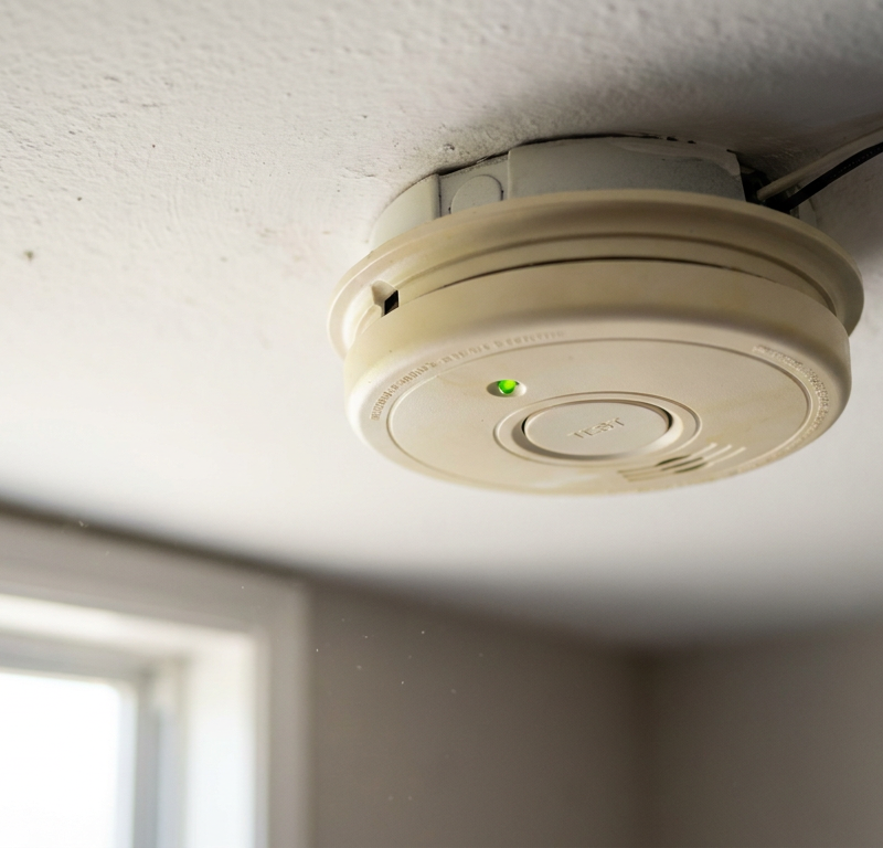 A hardwired smoke detector on a ceiling with a green power indicator light on.