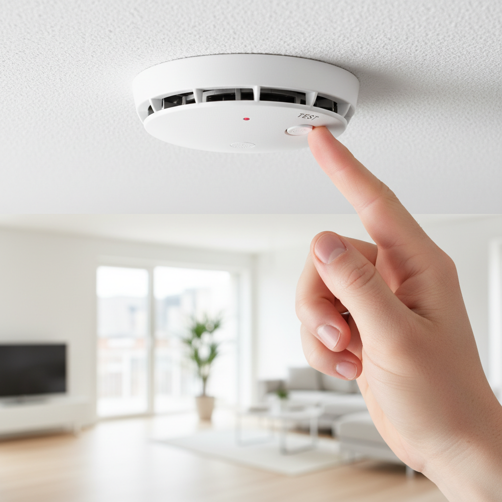 Homeowner testing a smoke detector by pressing the button
