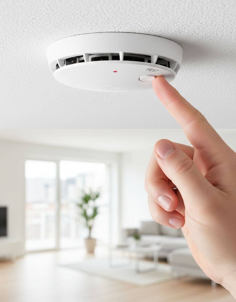 Homeowner testing a smoke detector by pressing the button