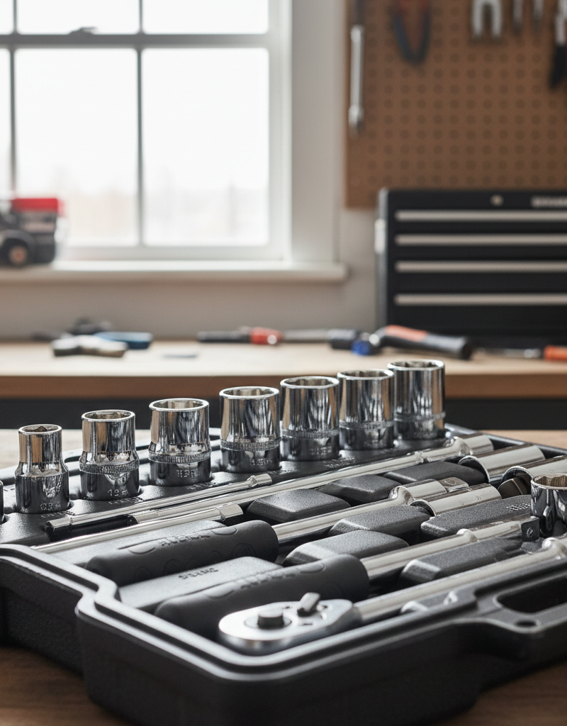 Organized selection of high-quality 6-point chrome vanadium SAE and metric sockets in a case with ratchets.