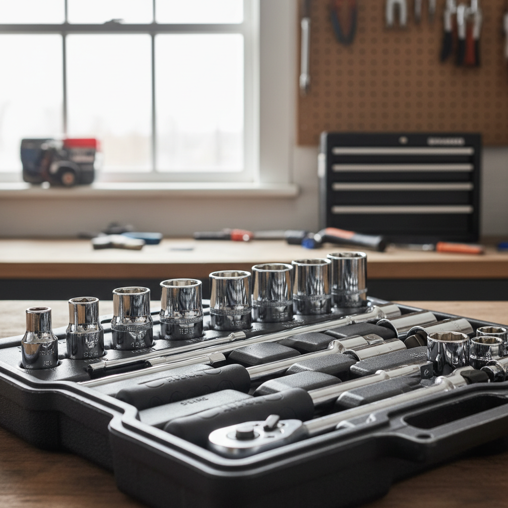 Organized selection of high-quality 6-point chrome vanadium SAE and metric sockets in a case with ratchets.