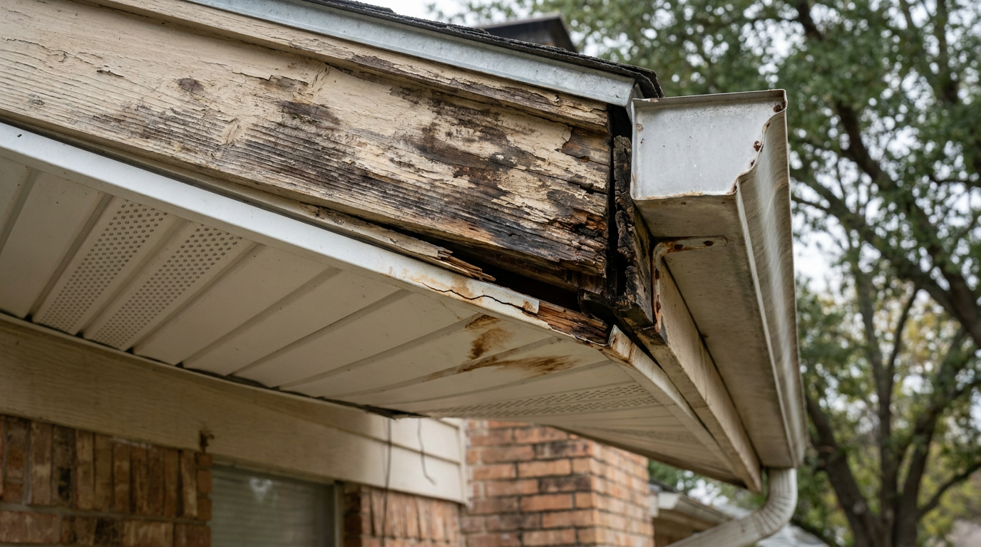 Rotted wooden fascia board behind aluminum gutter with peeling paint and sagging vented soffit panel
