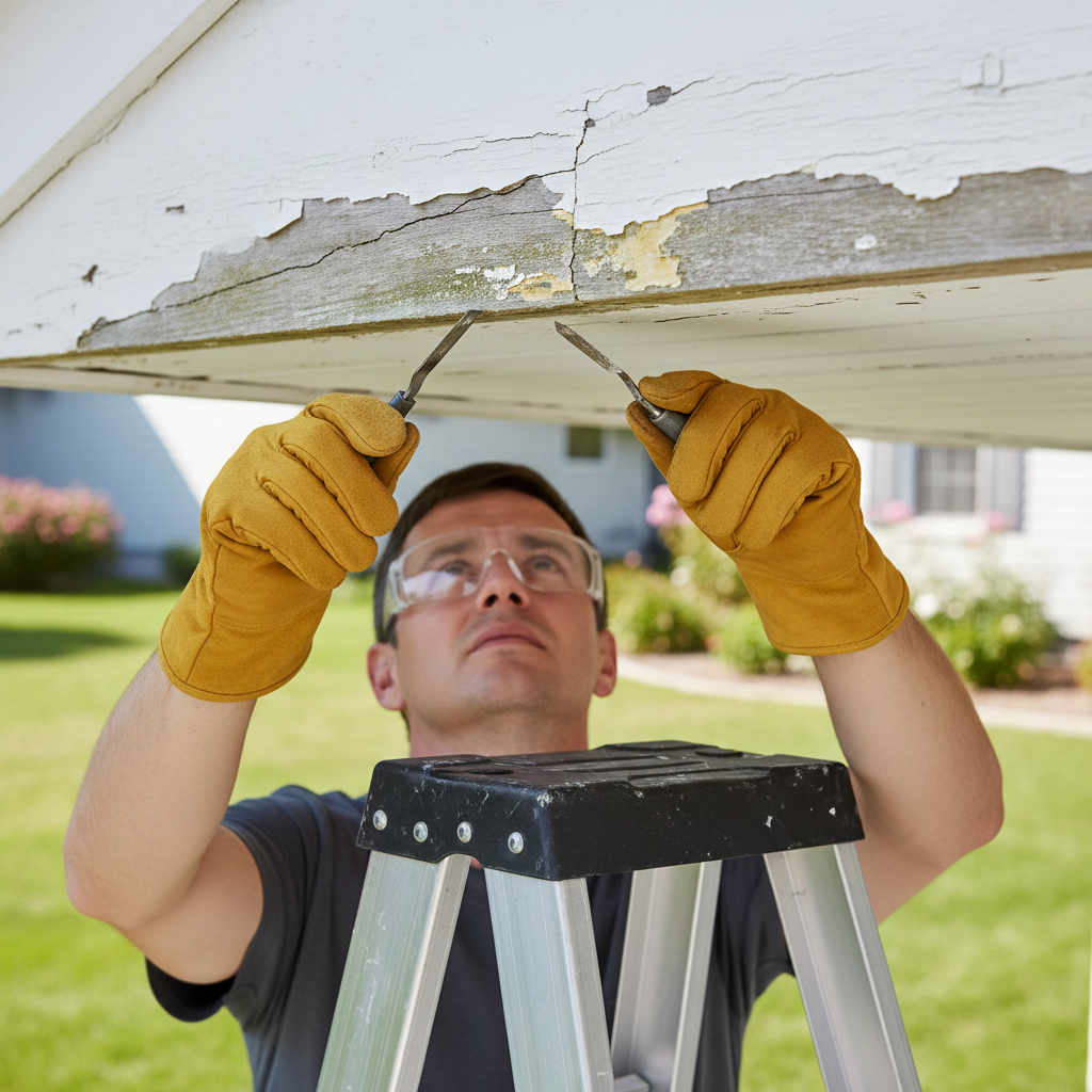 Homeowner on ladder inspecting damaged soffit and fascia for rot and peeling paint near a gutter