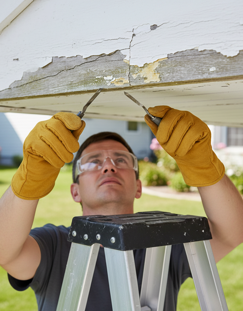 Homeowner on ladder inspecting damaged soffit and fascia for rot and peeling paint near a gutter