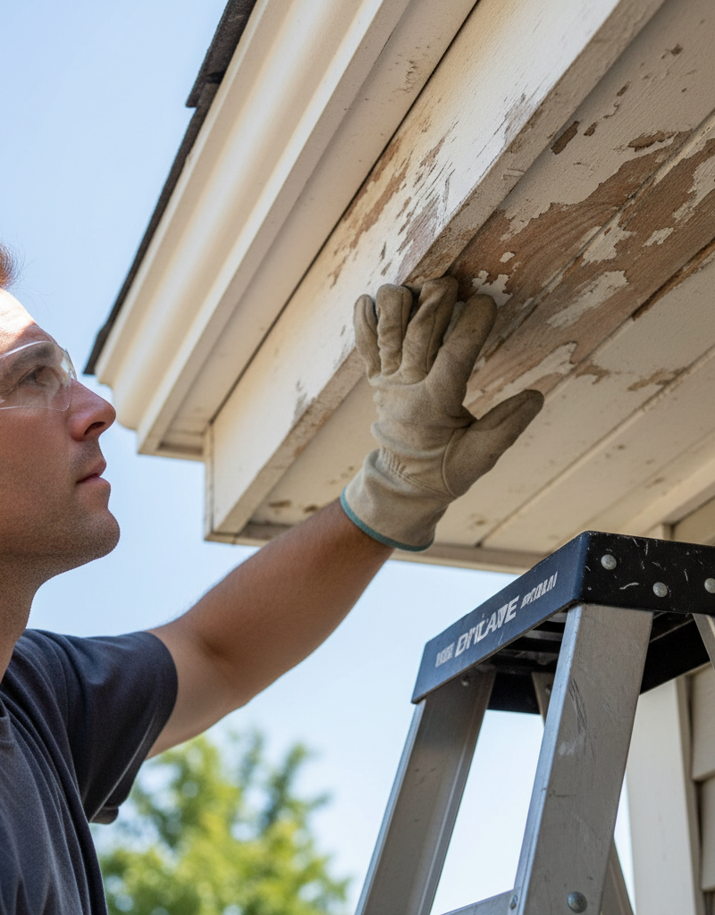 Homeowner on ladder visually inspecting soffit and fascia for damage near house eaves.