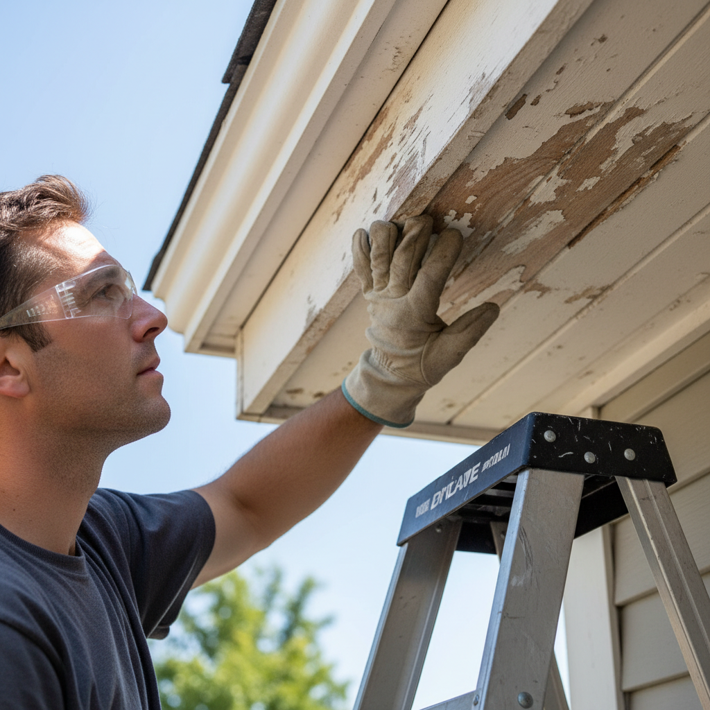 Homeowner on ladder visually inspecting soffit and fascia for damage near house eaves.