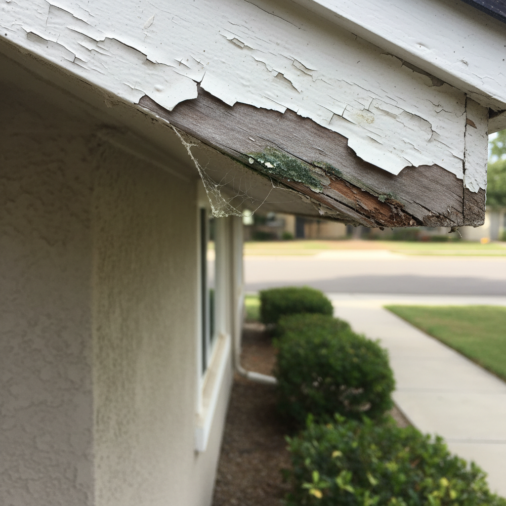 Close-up of peeling paint and visible wood rot on a home's wooden soffit and fascia, indicating water damage.