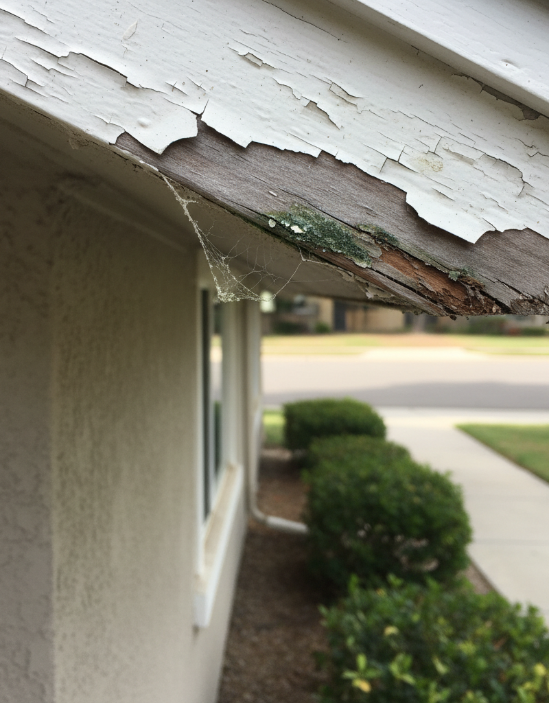 Close-up of peeling paint and visible wood rot on a home's wooden soffit and fascia, indicating water damage.