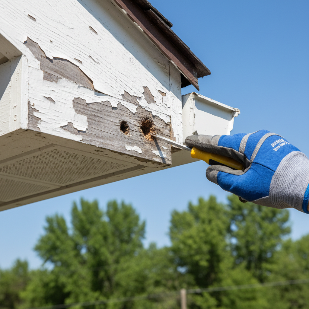 Homeowner inspecting damaged soffit and fascia with a screwdriver, showing peeling paint and rot.