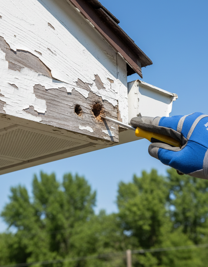 Homeowner inspecting damaged soffit and fascia with a screwdriver, showing peeling paint and rot.